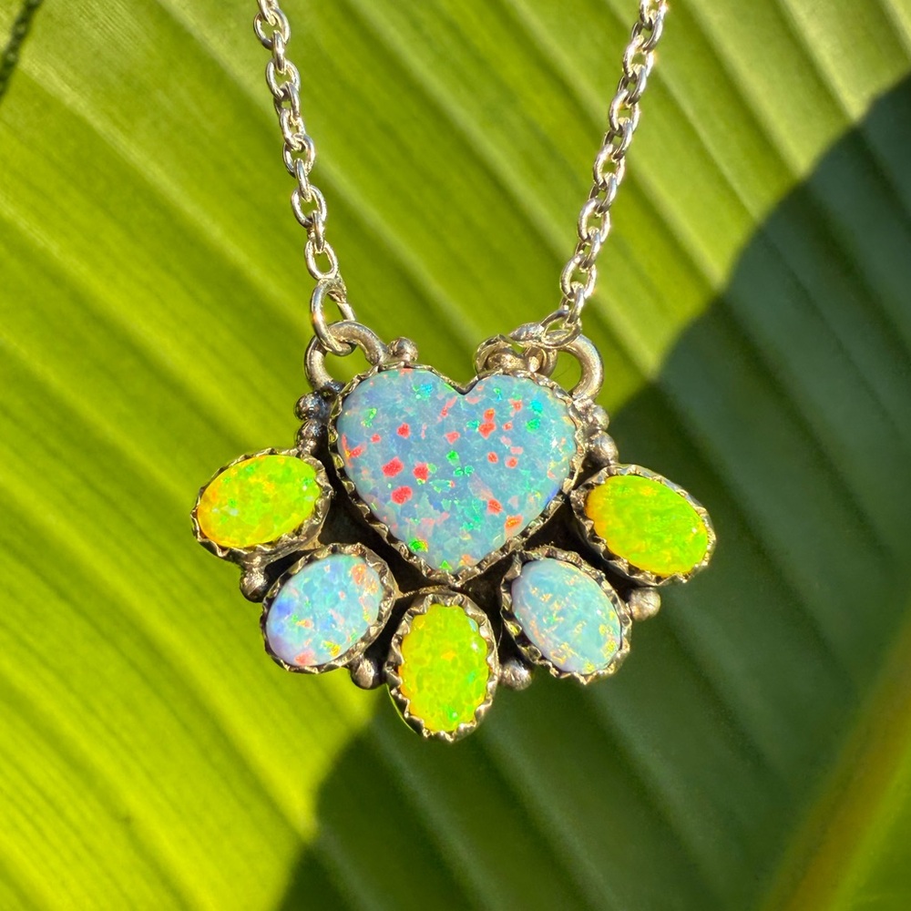 Neon Yellow Balloon Opal Heart Pendant Necklace with 925 Sterling Silver
